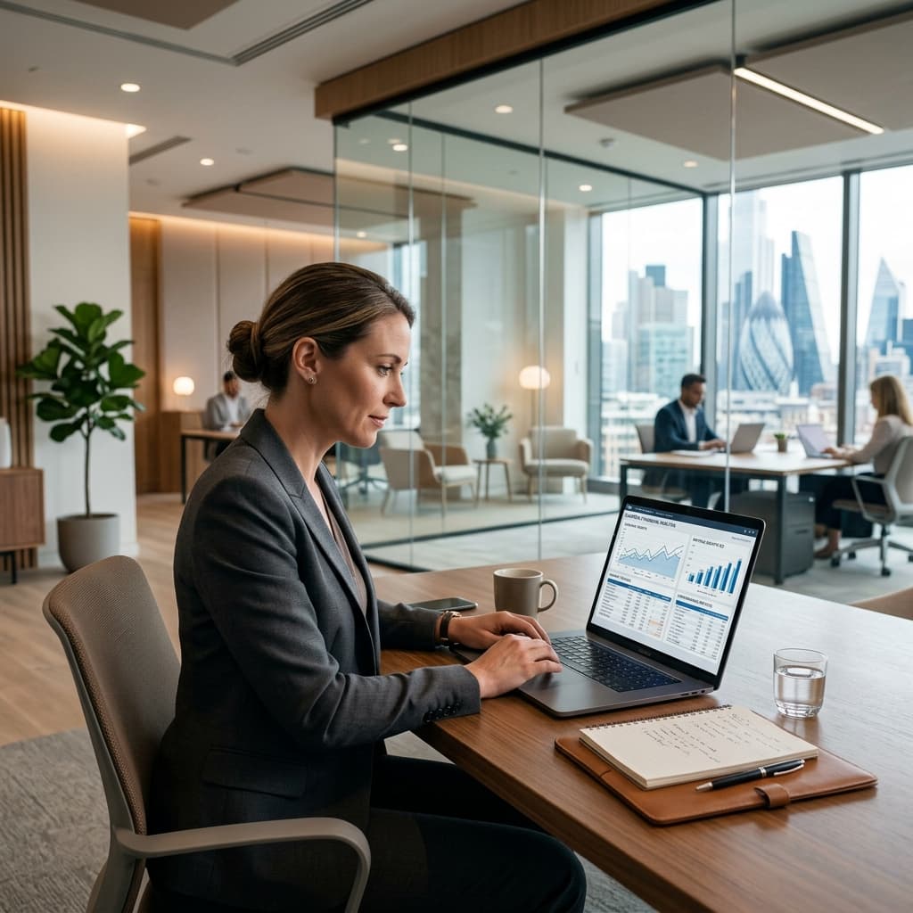 Business Management executive workspace with financial analytics