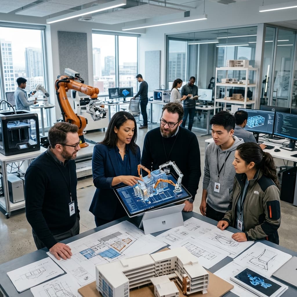 High tech robotics engineering lab with 3D structural blueprints