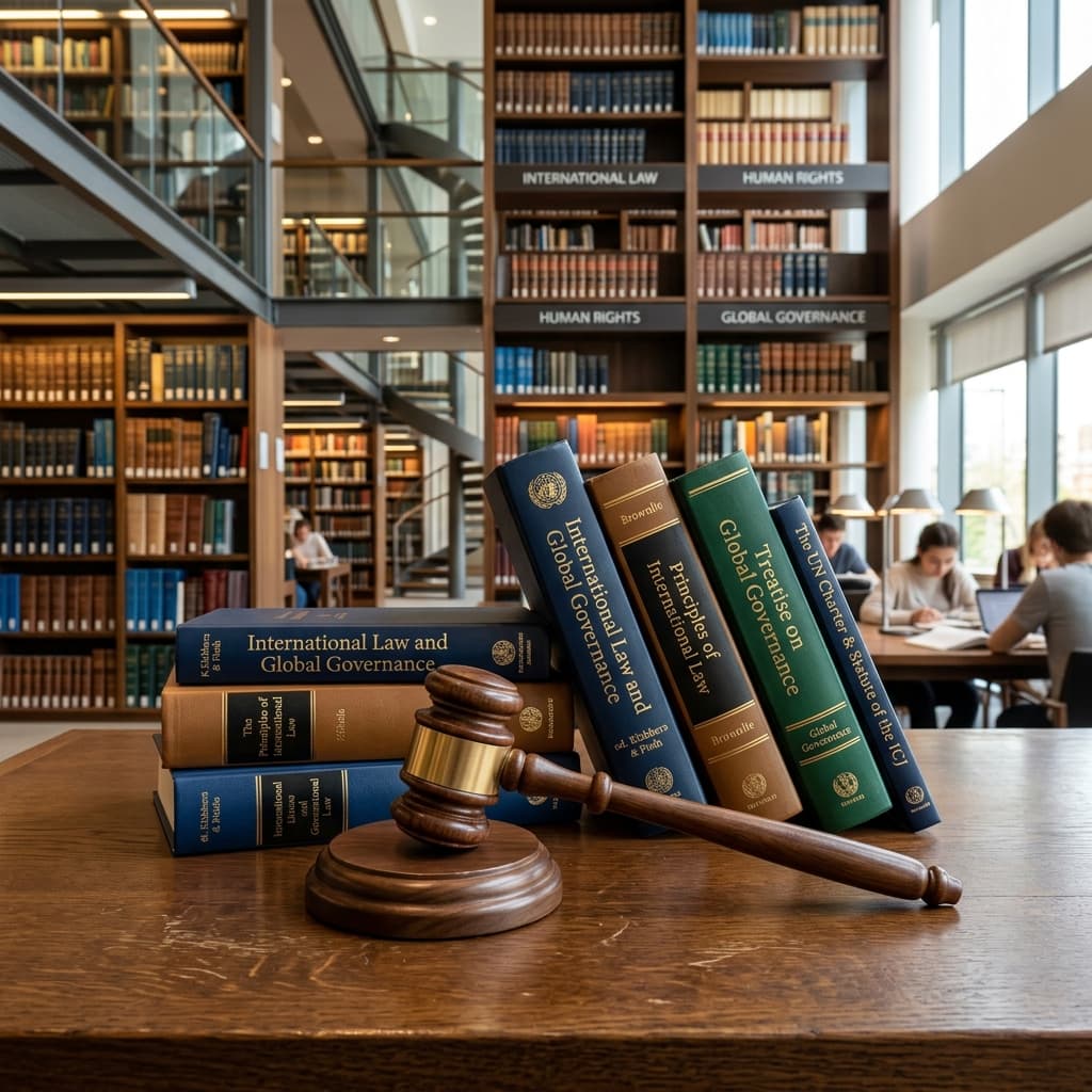 International law books and legal gavel in university law library
